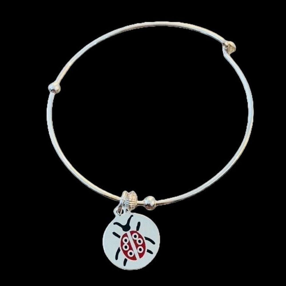 Ladybug Charm Bracelet – Silver Wire Bangle Signed Vantel Pearls